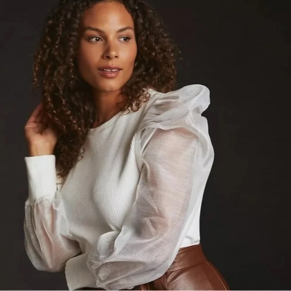 Dolan White Ribbed Top with Sheer Puff Sleeves